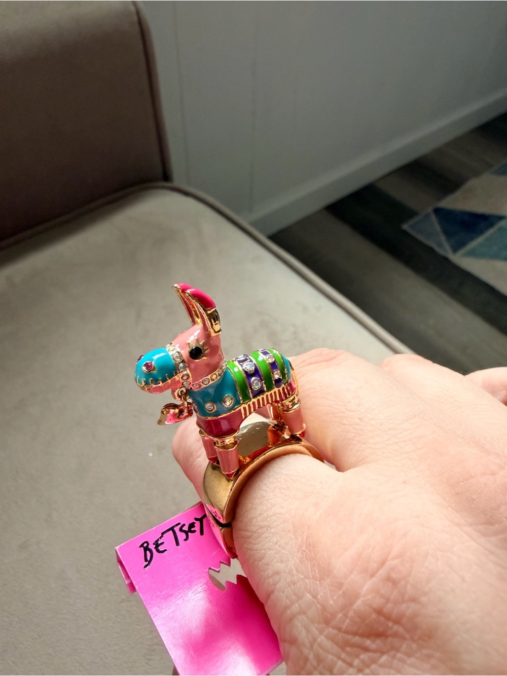 Betsey Johnson Gold-Tone Multicolor Piñata Donkey Ring — Pink, Blue, Green